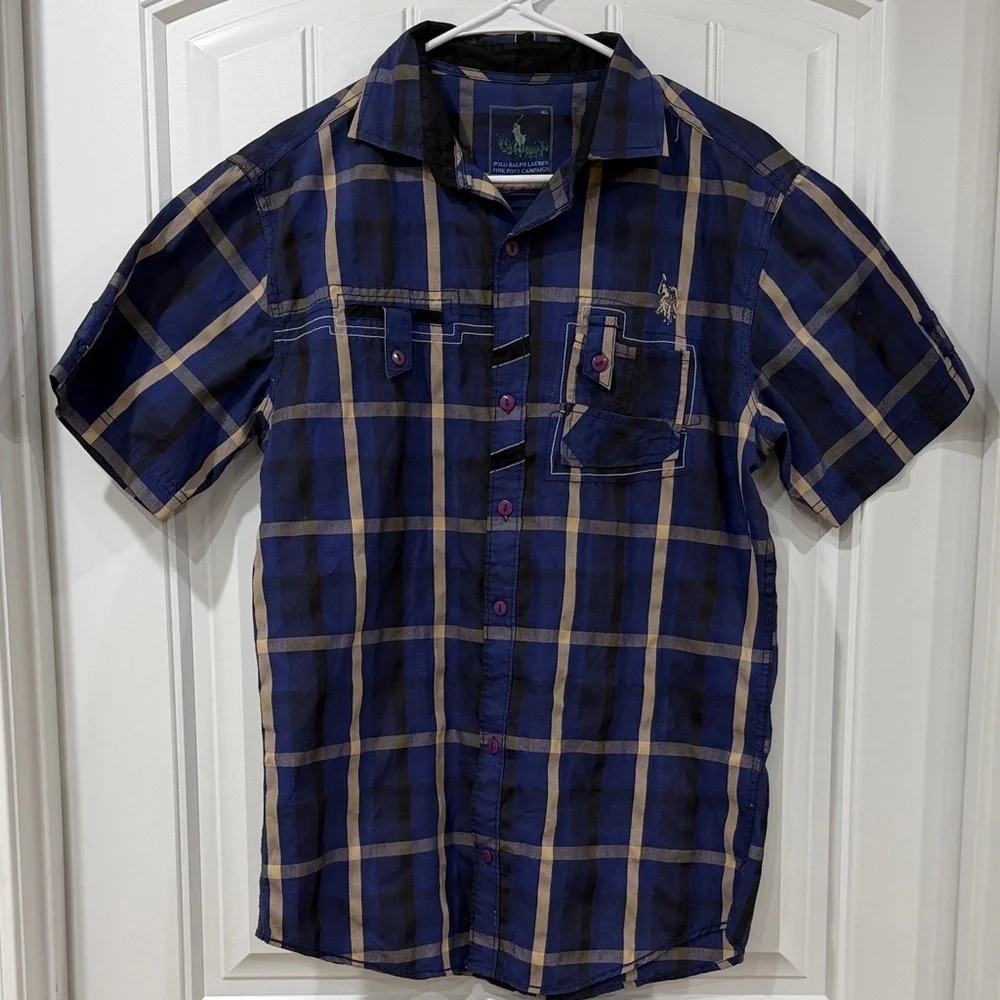 EUC Polo Ralph Lauren Navy and Beige Plaid Shirt